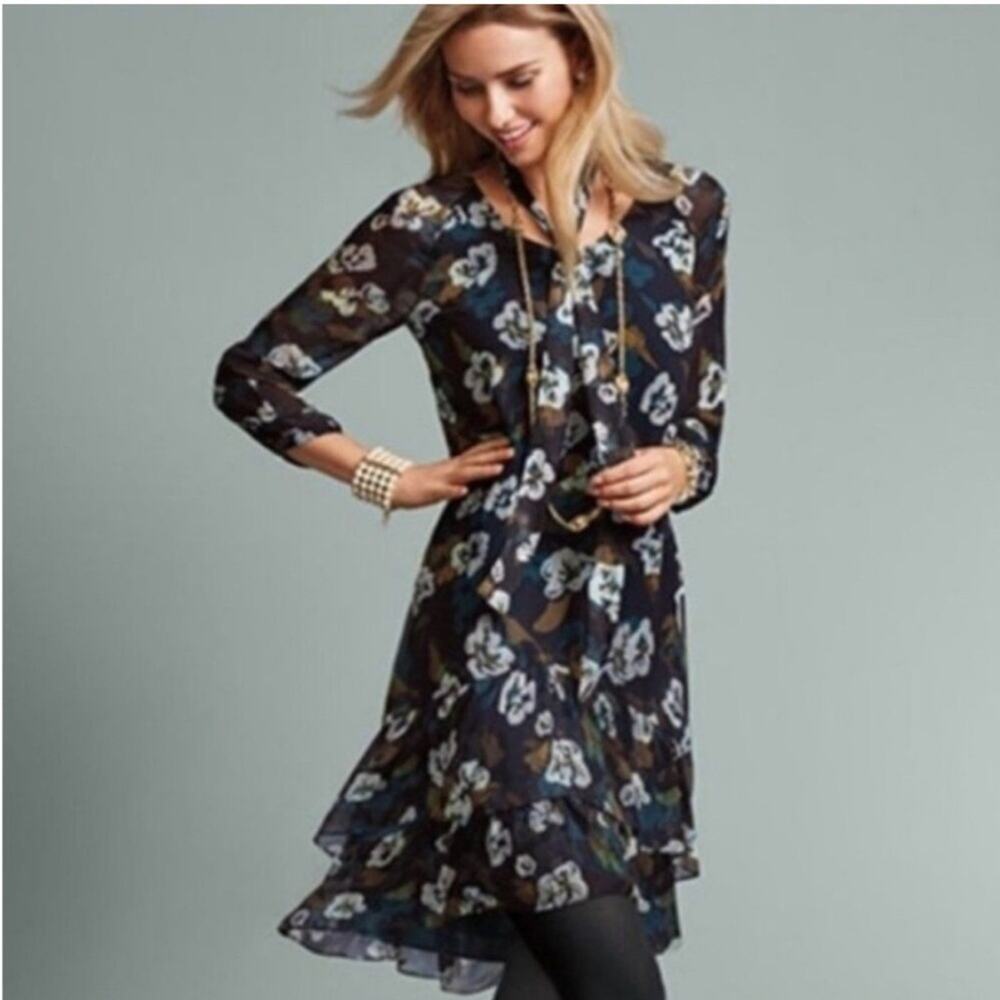 Cabi navy green white tan floral sheer overlay dress size Large #3460